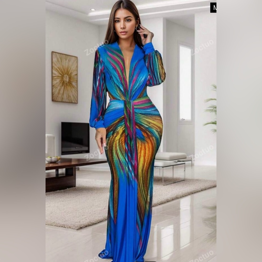 Beautiful Women Pleated Colorblock Long Sleeve Classy Dress. Size M